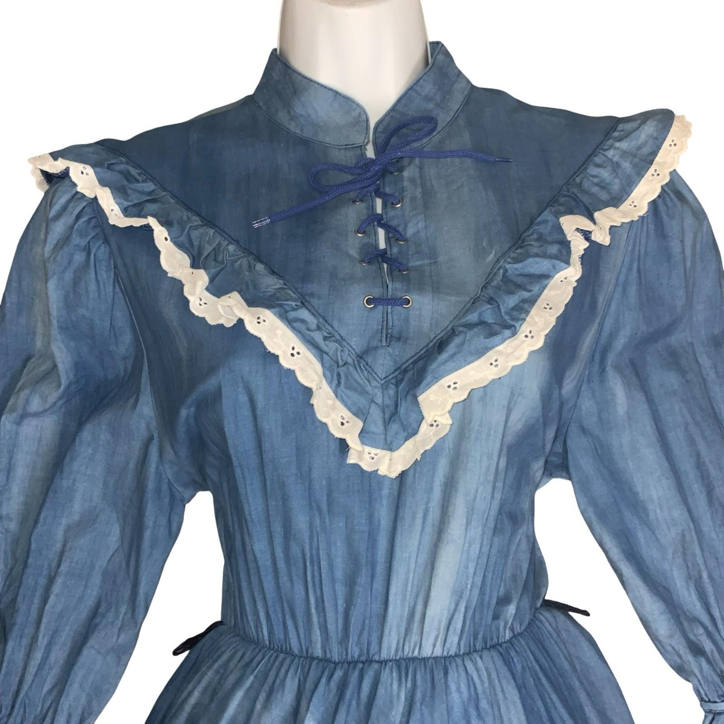 Vtg 90s 'Yessica' Blue A-Line Prairie White Frill Victorian Cottage Dress UK 10