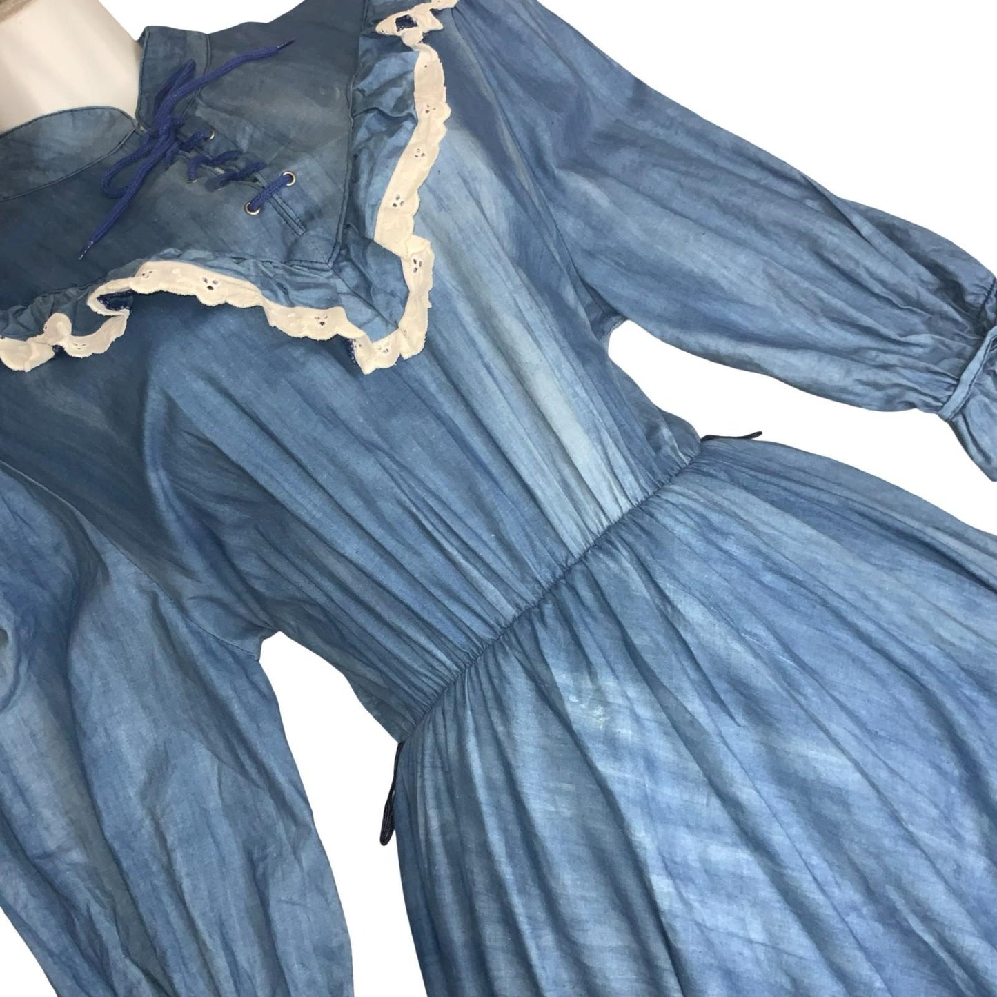 Vtg 90s 'Yessica' Blue A-Line Prairie White Frill Victorian Cottage Dress UK 10