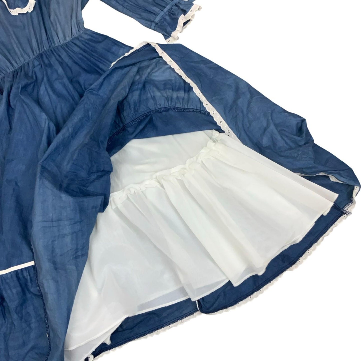 Vtg 90s 'Yessica' Blue A-Line Prairie White Frill Victorian Cottage Dress UK 10