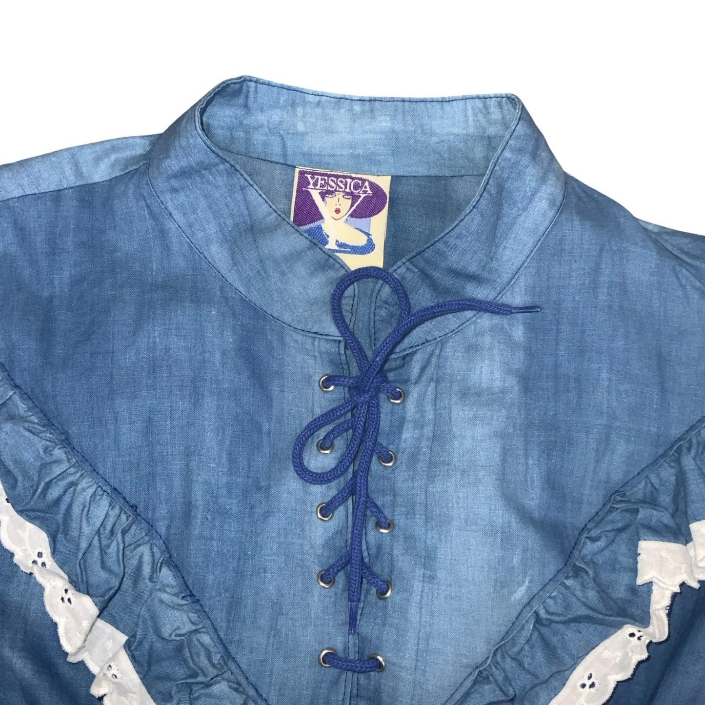 Vtg 90s 'Yessica' Blue A-Line Prairie White Frill Victorian Cottage Dress UK 10