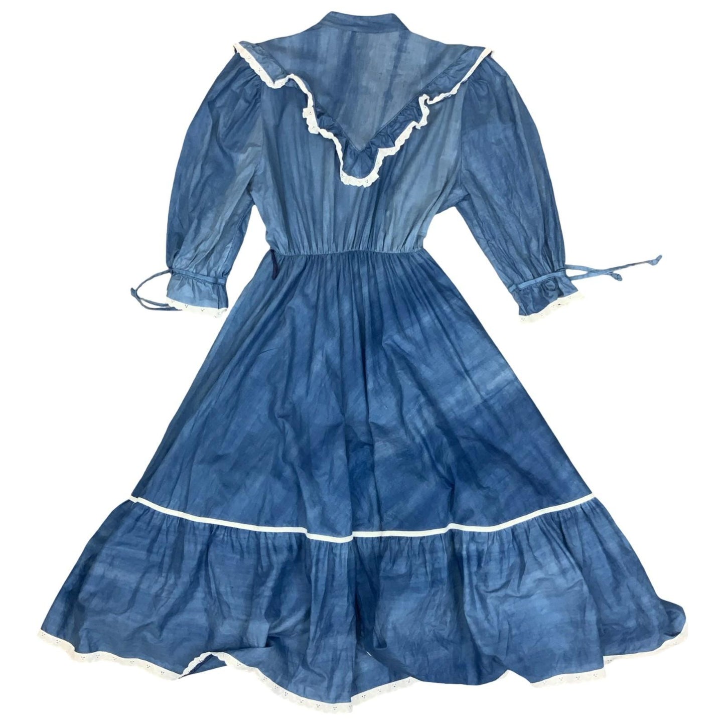 Vtg 90s 'Yessica' Blue A-Line Prairie White Frill Victorian Cottage Dress UK 10
