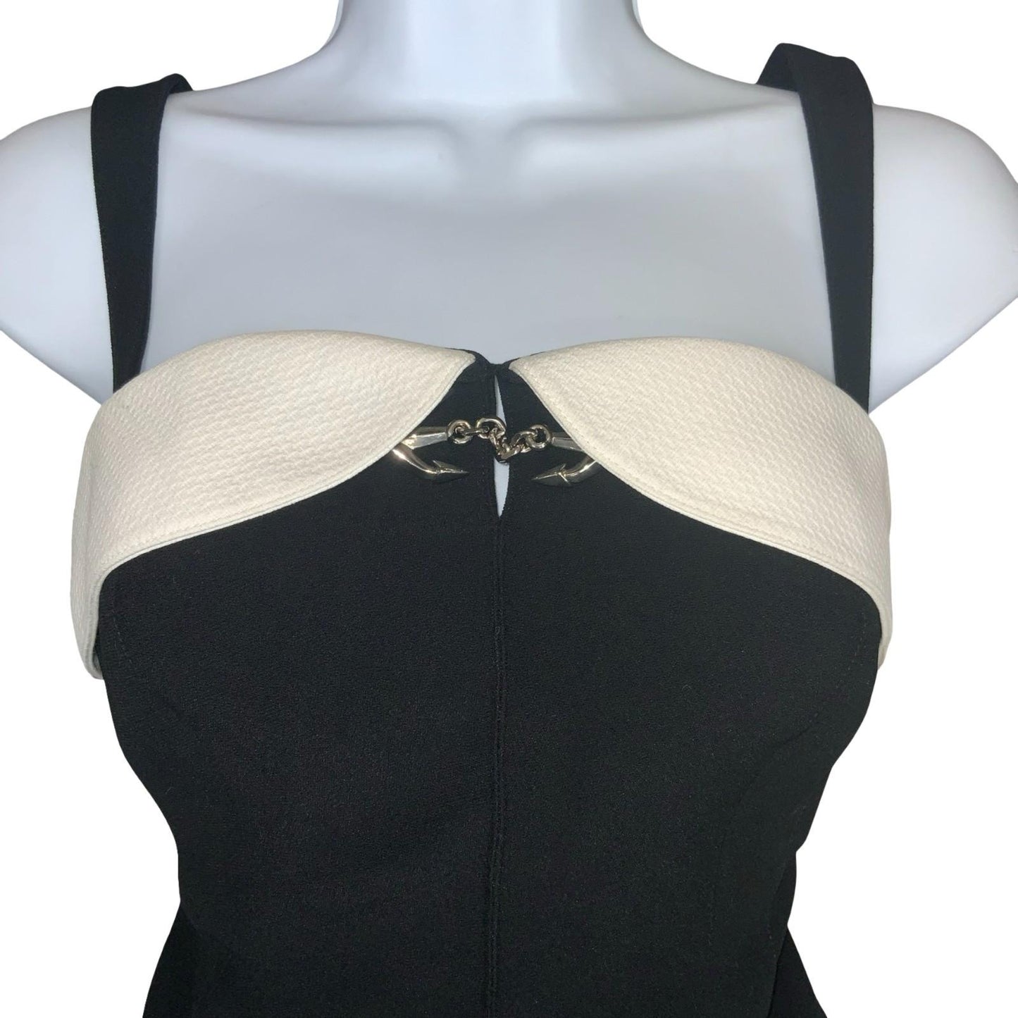 VTG 90s RARE 'Thierry Mugler' Black White Mini Anchor Sailor Bodycon Dress UK 8