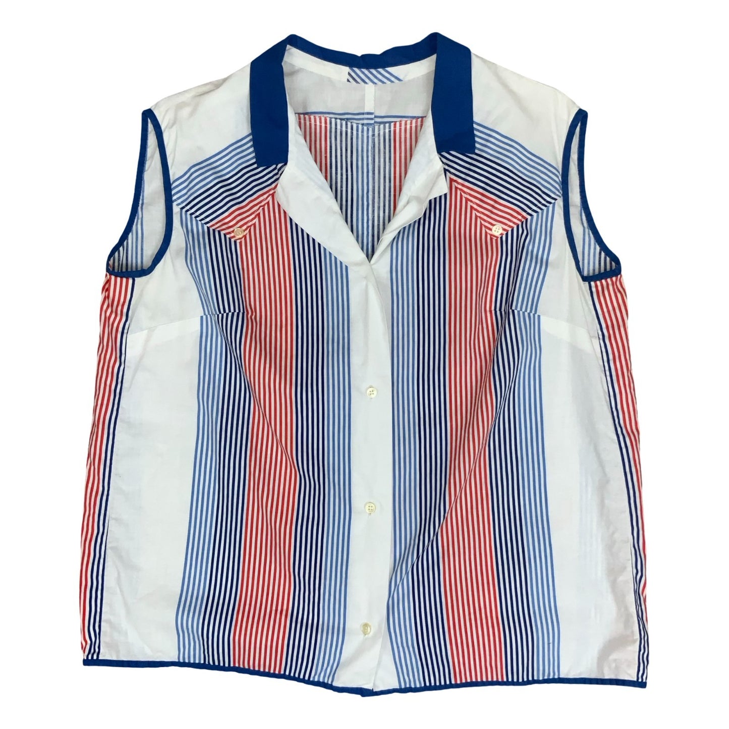 Vtg 80s White Blue Red Striped Casual Sleeveless Boxy Blouse UK 16