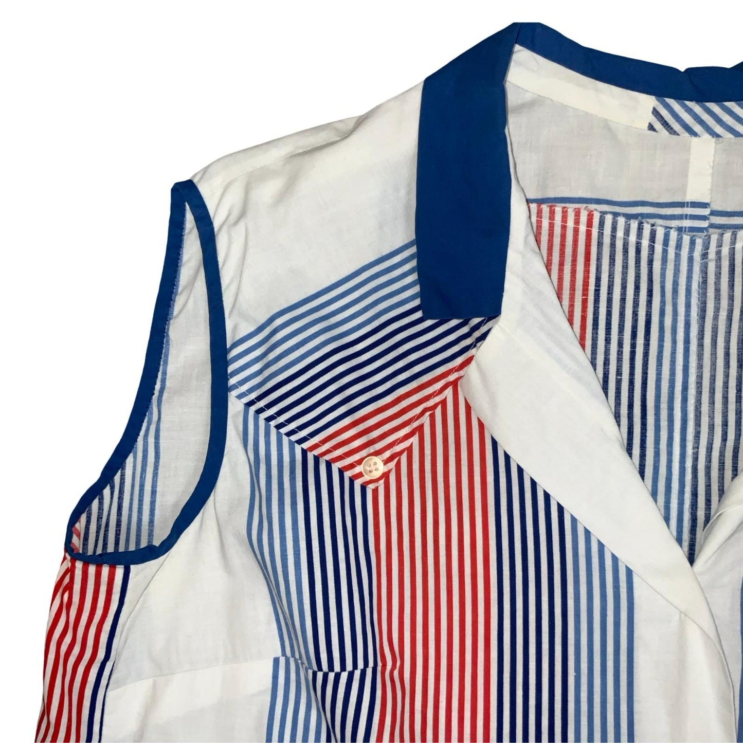 Vtg 80s White Blue Red Striped Casual Sleeveless Boxy Blouse UK 16