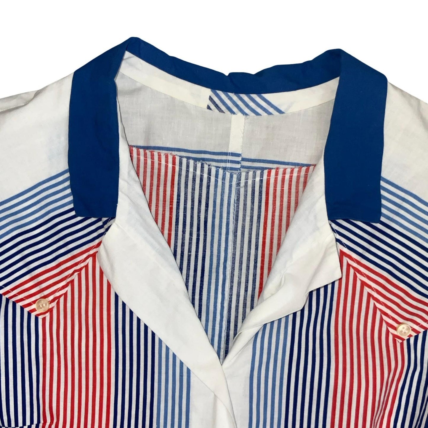 Vtg 80s White Blue Red Striped Casual Sleeveless Boxy Blouse UK 16