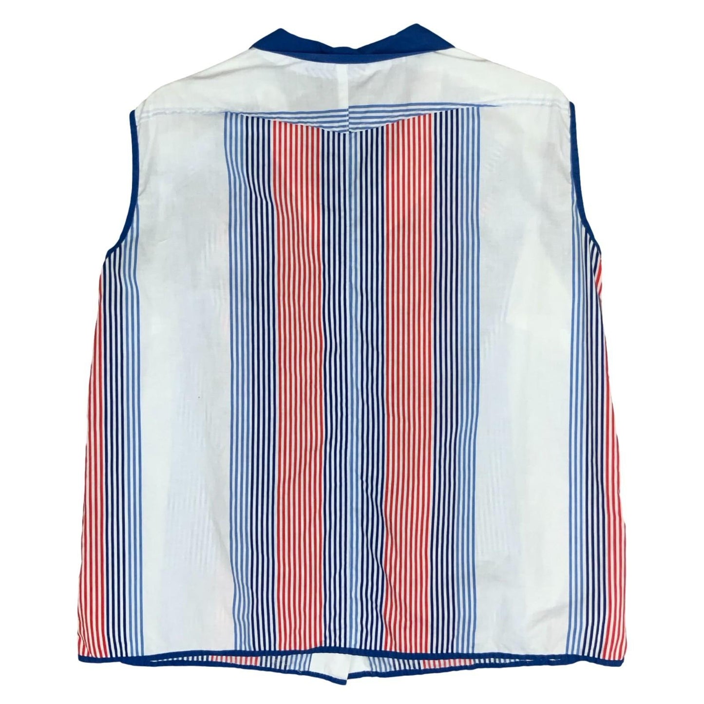 Vtg 80s White Blue Red Striped Casual Sleeveless Boxy Blouse UK 16