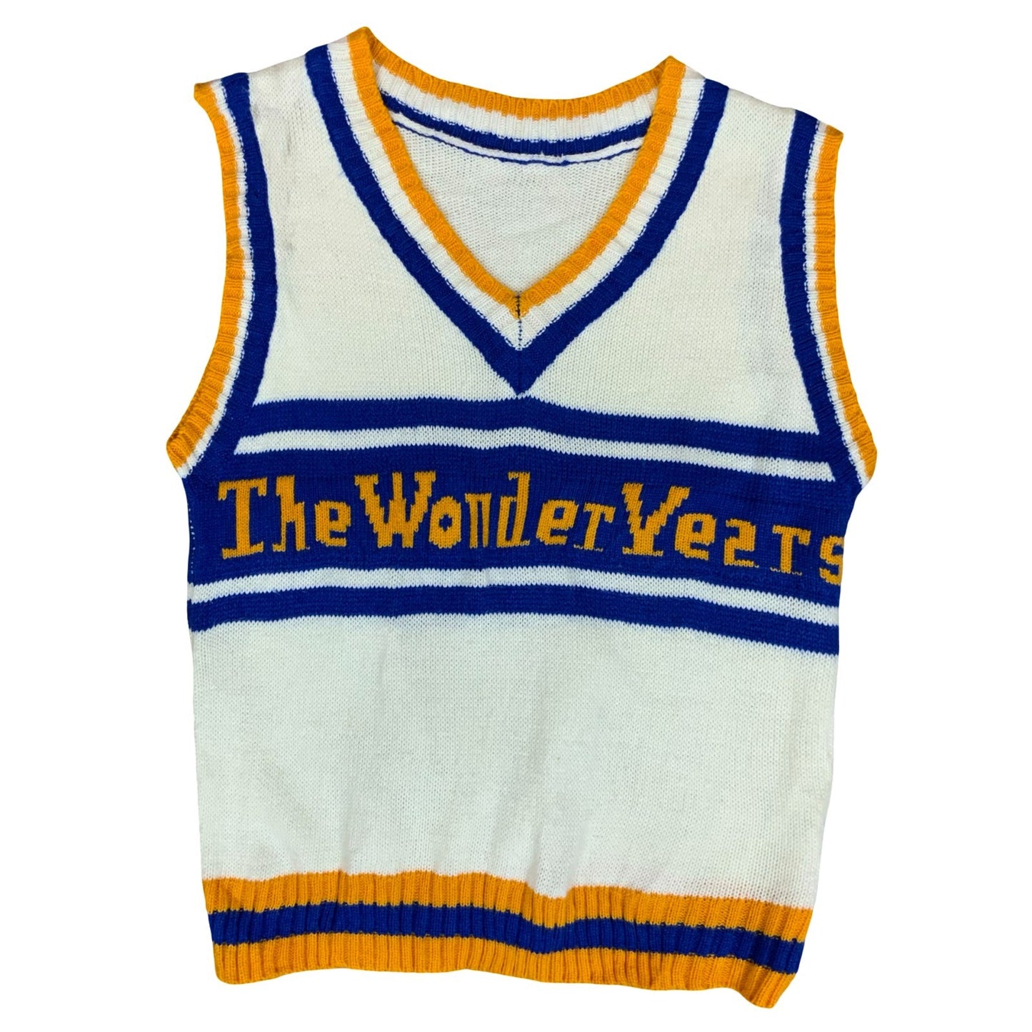 'The Wonder Years' TV Show Yellow Blue White Sleeveless Hand Knit Sweater Vest S