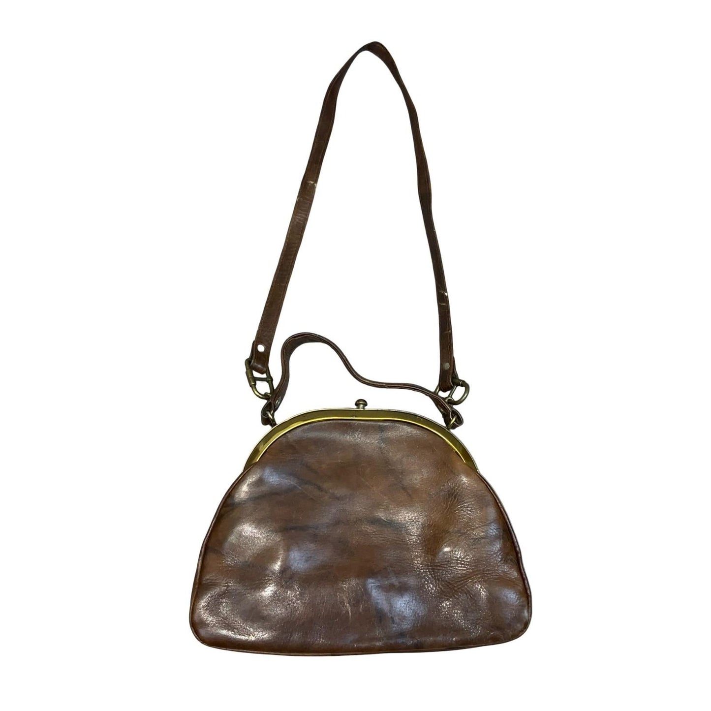 Vtg Brown Leather Kiss 'Style Lock Frame Shoulder Handbag