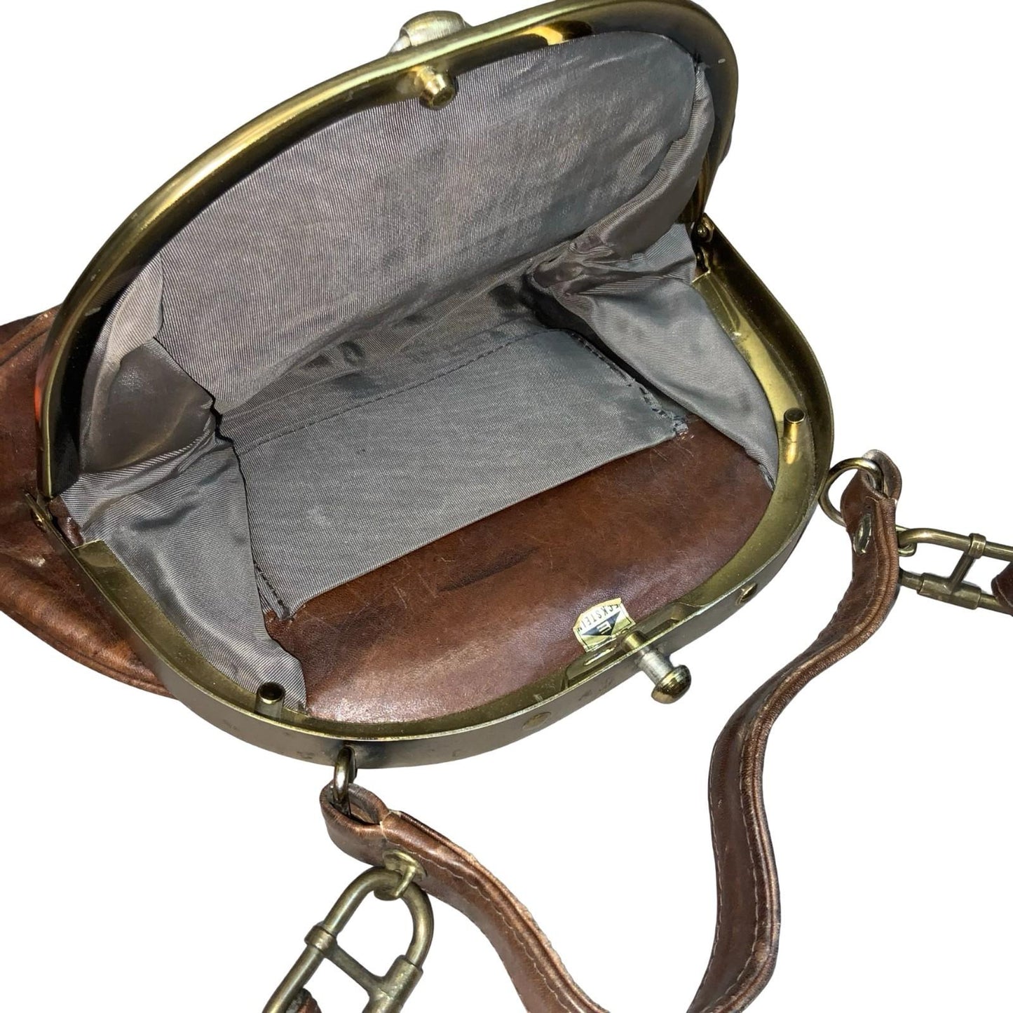 Vtg Brown Leather Kiss 'Style Lock Frame Shoulder Handbag