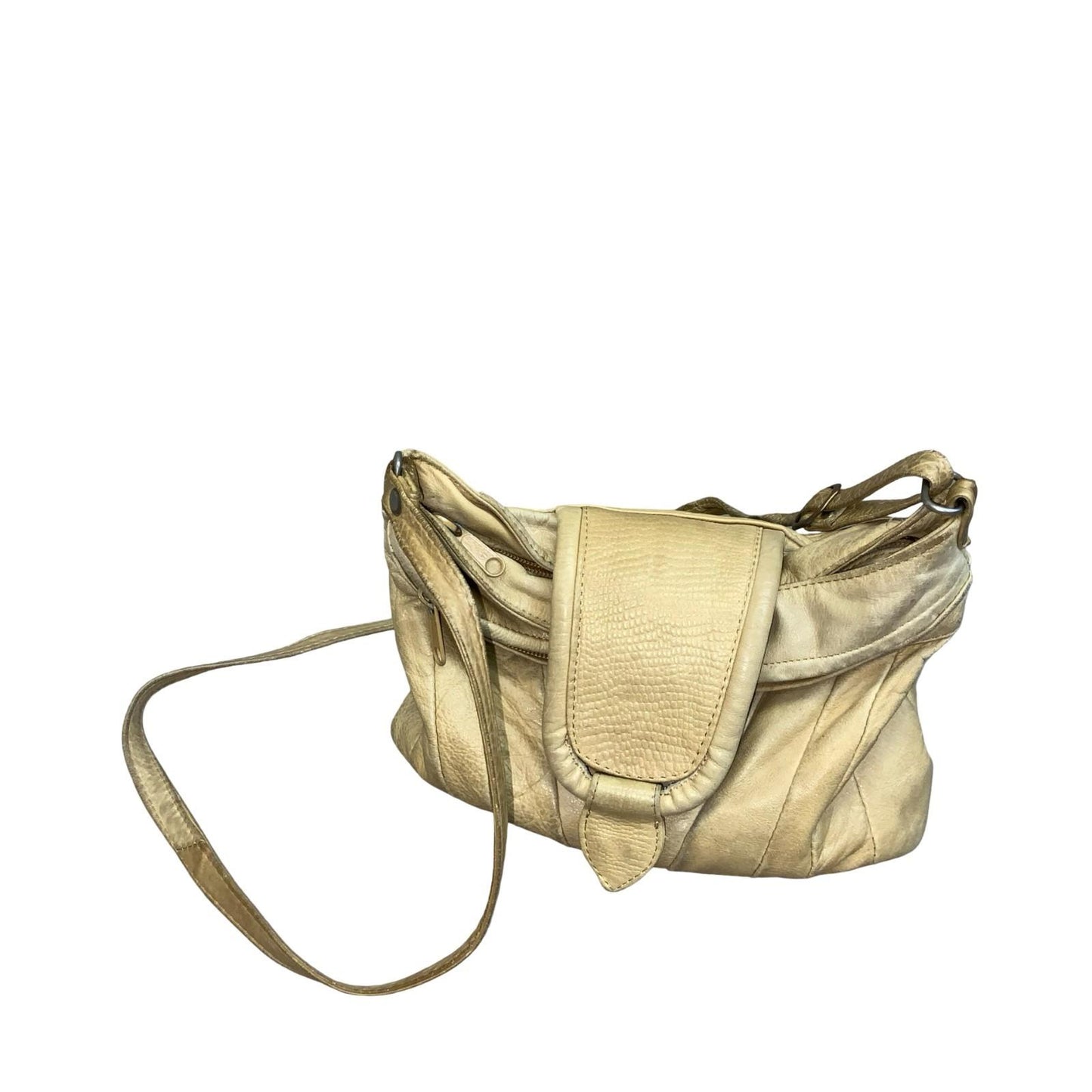 Vtg Beige Leather Patchwork Croc Embossed Casual Crossbody Hobo Handbag