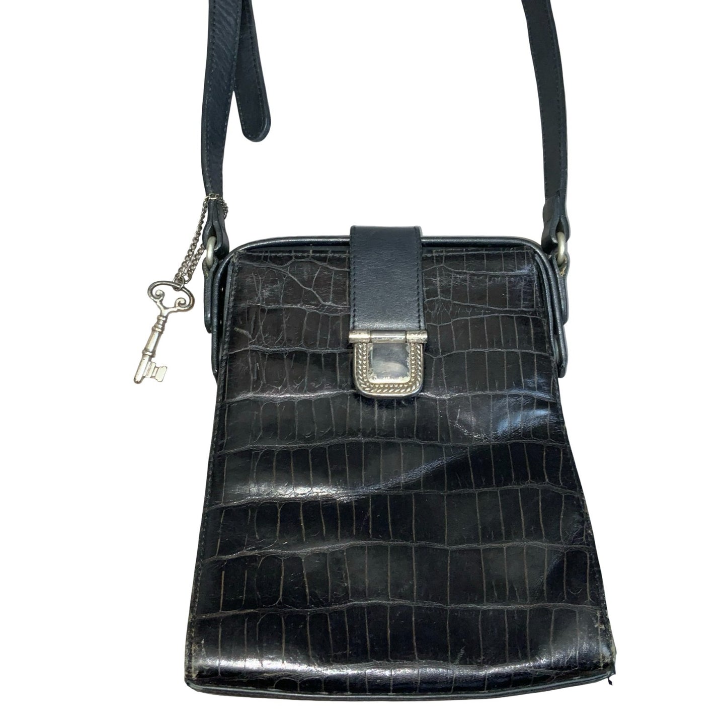 Vtg 'Fossil' Black Genuine Leather Croc Embossed Adjustable Shoulder Handbag