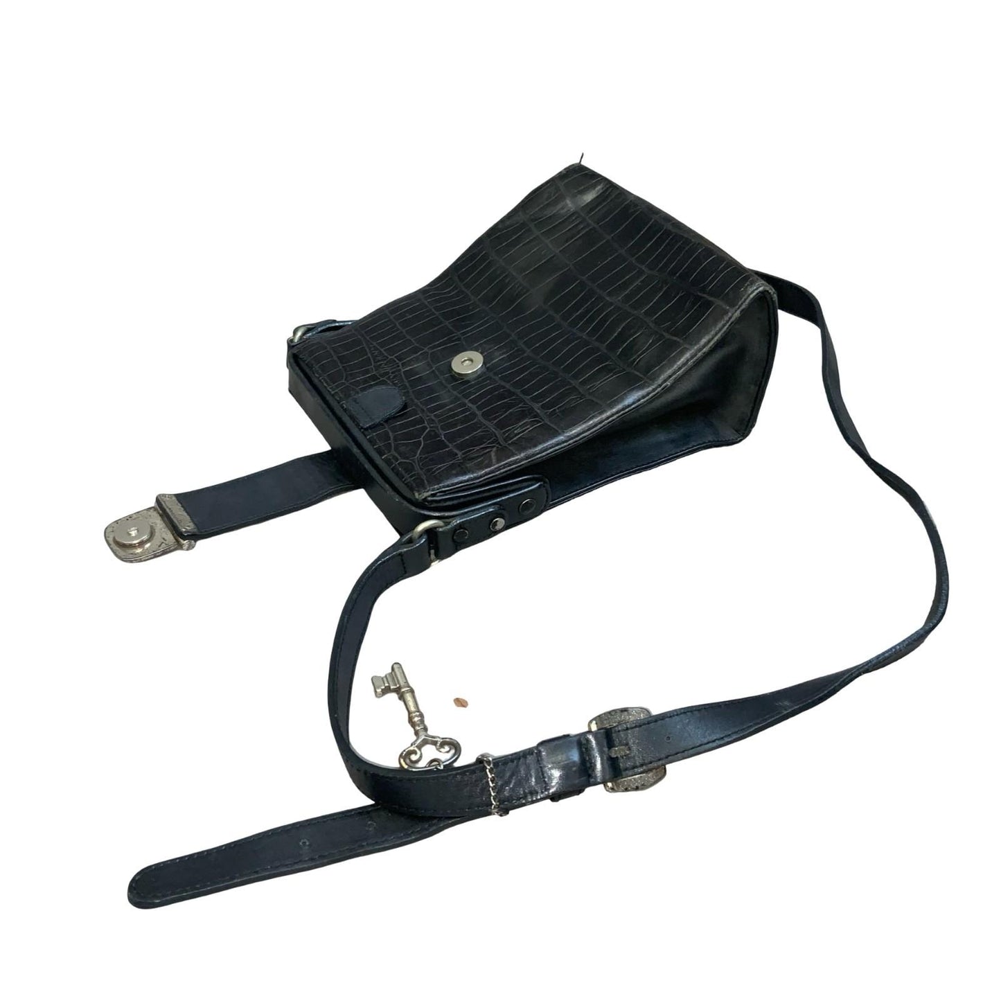 Vtg 'Fossil' Black Genuine Leather Croc Embossed Adjustable Shoulder Handbag