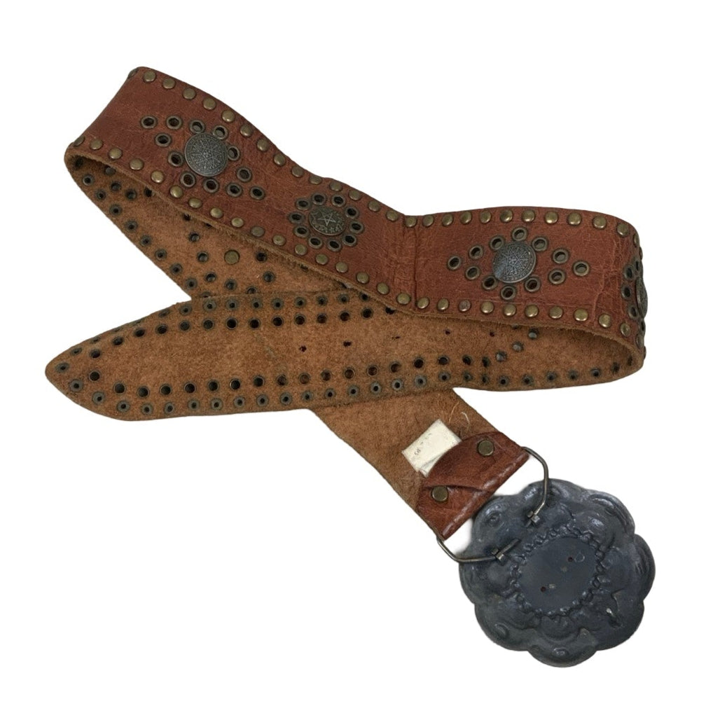 Vintage 00s Y2k Brown Leather Studded Red Stone Metal Belt