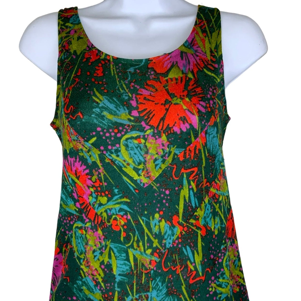 Vintage 70s 80s Green Pink Red Paint Splash Floral Sleeveless Maxi Dress 4 6 8 10