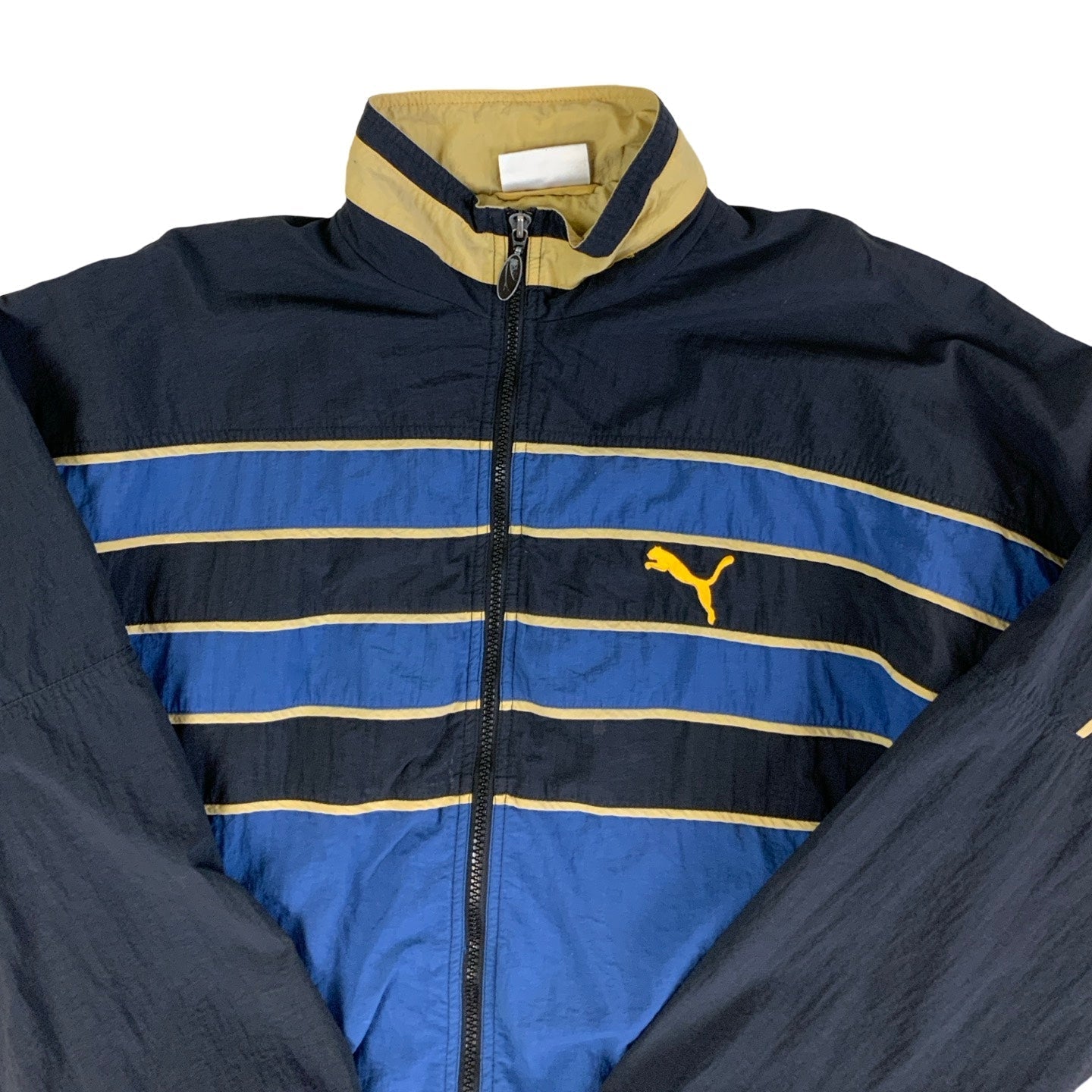 Vintage 80s 90s Puma Blue Black Yellow Stripe Bomber Windbreaker Jacket L XL