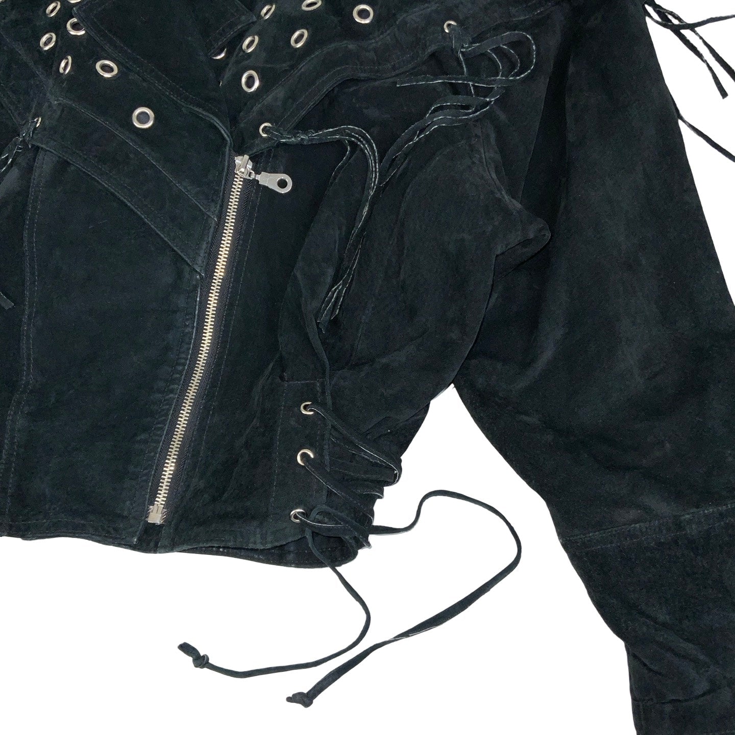 Vintage 90s ‘Yessica’ Black Suede Punk Tassel Studded Leather Jacket 12 14
