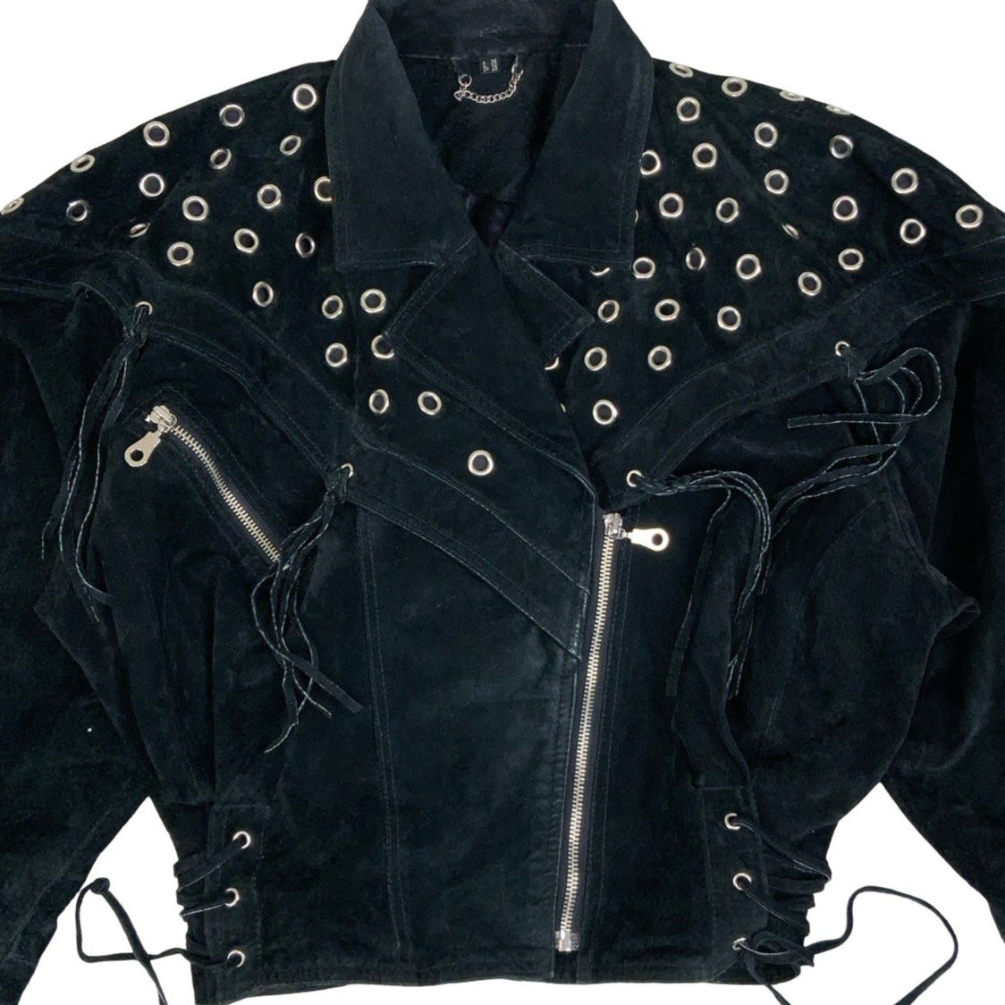 Vintage 90s ‘Yessica’ Black Suede Punk Tassel Studded Leather Jacket 12 14