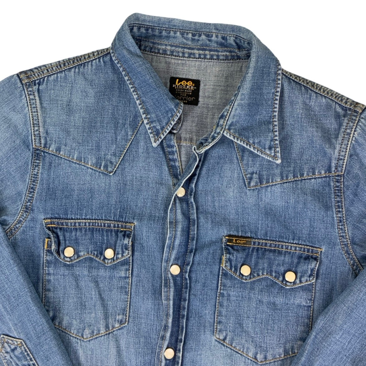 Vintage 90s Y2K Lee Riders Sanforized Union Made Merrier Beams Denim Shirt Dress 10 12 S