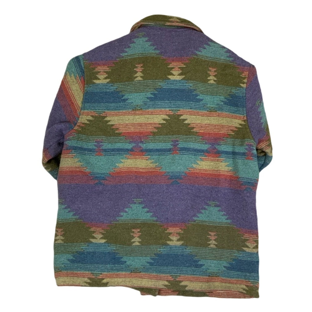 Vintage 90s Native Art Tribal Blue Green Red Aztek Navajo Tapestry Coat L XL