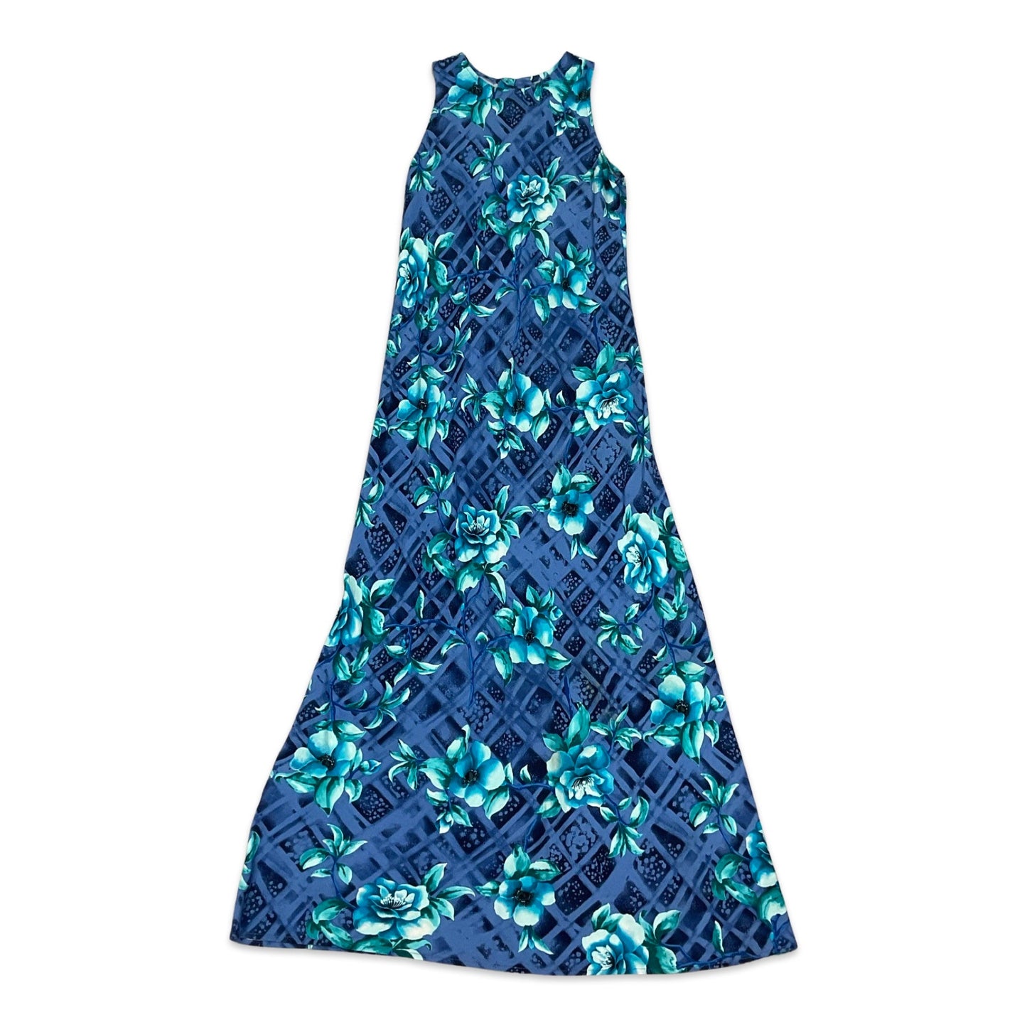 Vintage Blue Floral Maxi Dress 10 12