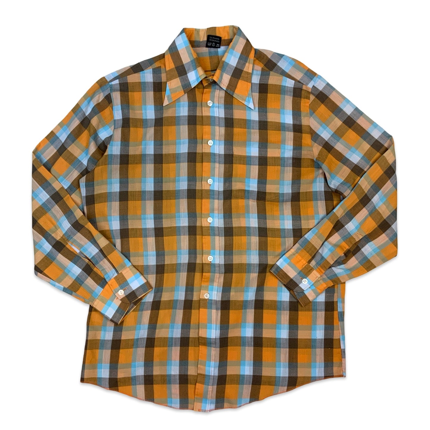 70s Orange & Blue Gingham Dagger Collar Shirt L