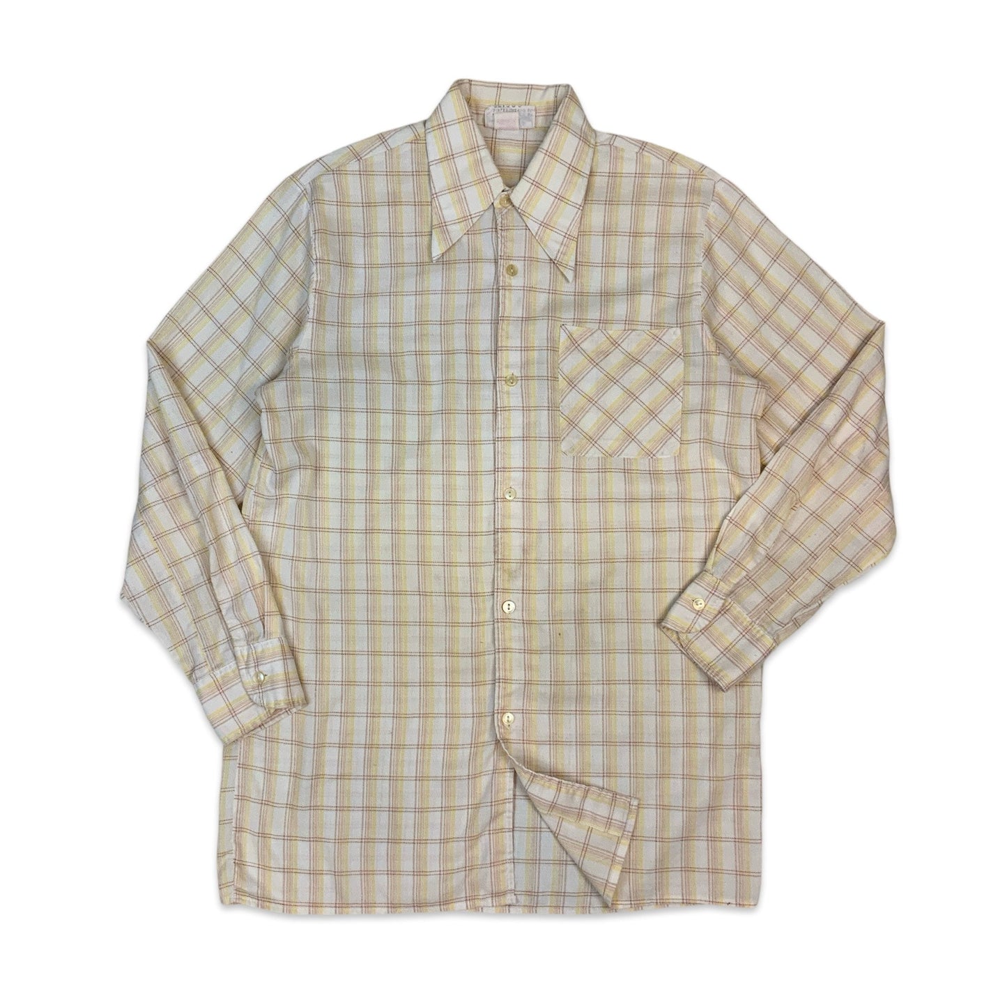 70s Cream Yellow Orange Plaid Dagger Collar Long Sleeve Shirt S M