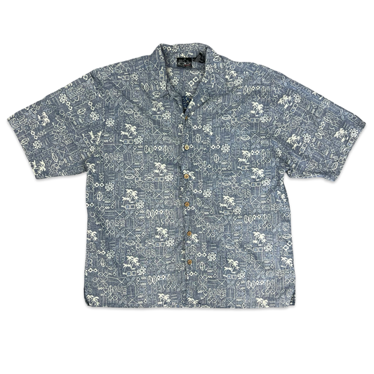 Y2K Blue Abstract Print Aloha Shirt XL