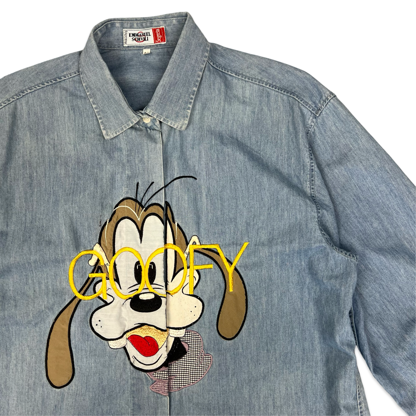 Vintage 80s Emmanuel Schvili Disney "Goofy" Embroidered Denim Shirt RARE 18