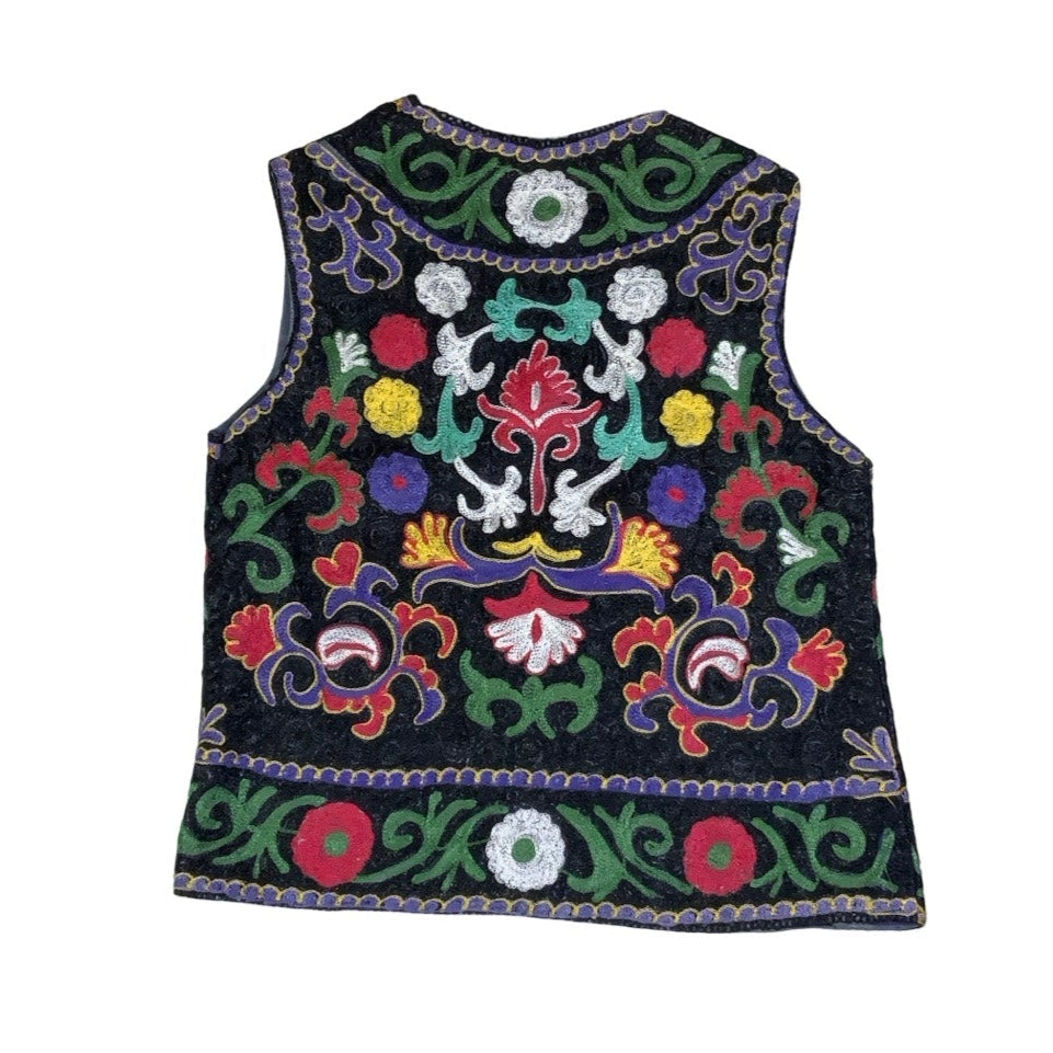 Vintage 90s Red Green White Black Embroidered Tapestry Folk Botanical Waistcoat