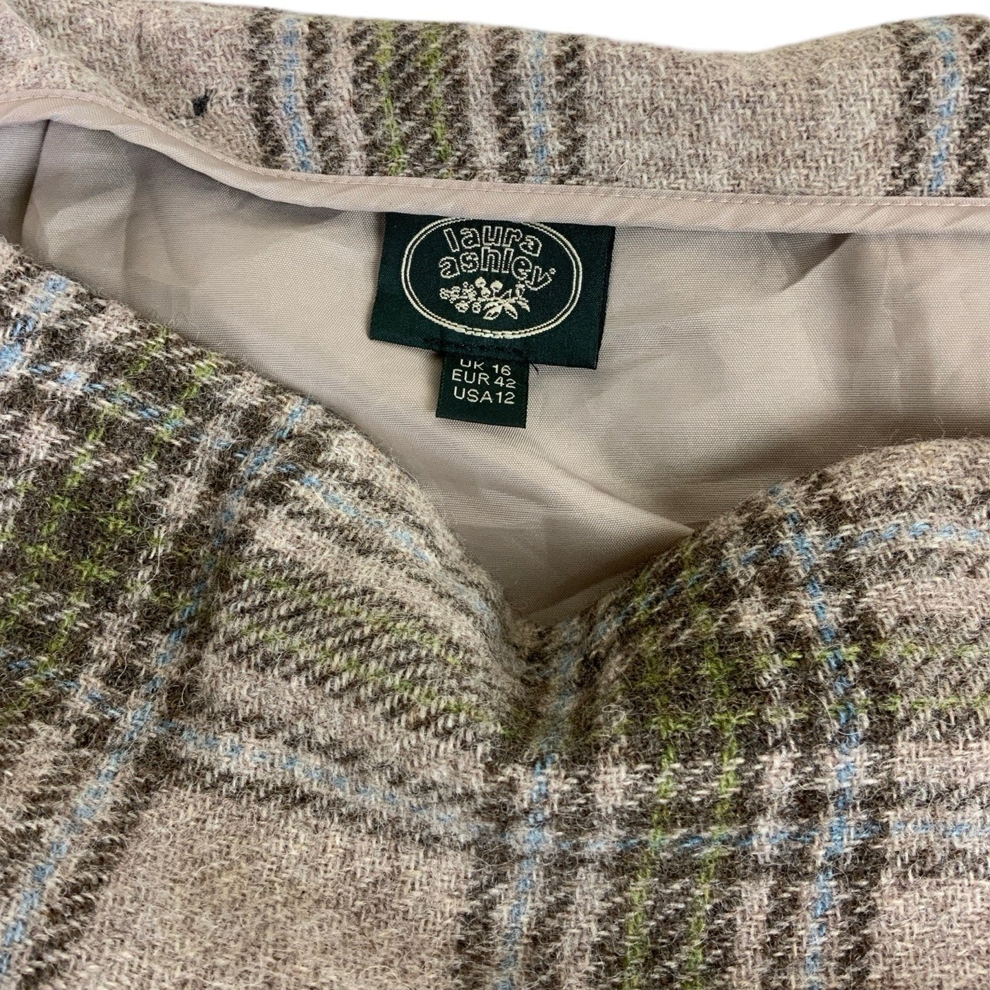 Y2K Laura Ashley Beige Tartan Wool Kilt Maxi Skirt M 16