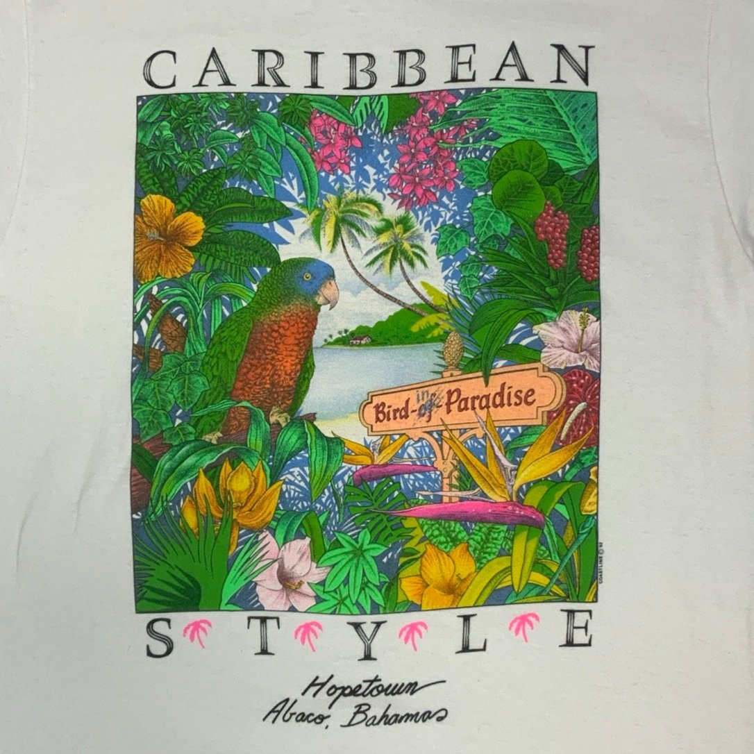 Vintage 1992 White Cotton Caribbean Parrot Tropical Bahamas T-Shirt S M