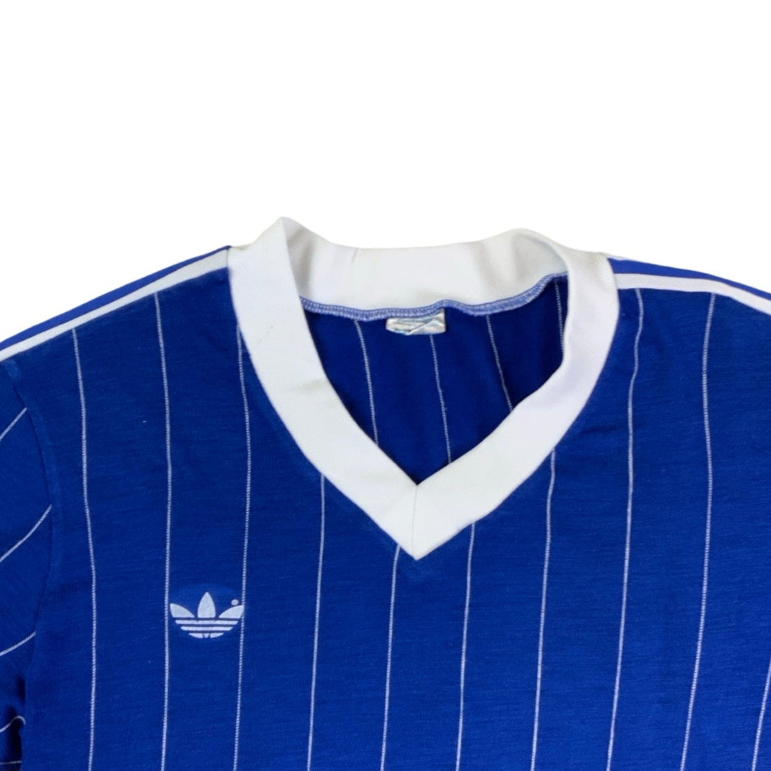 Vintage 90s Adidas Blue White Stripe Single Stitch Sports Tee S M