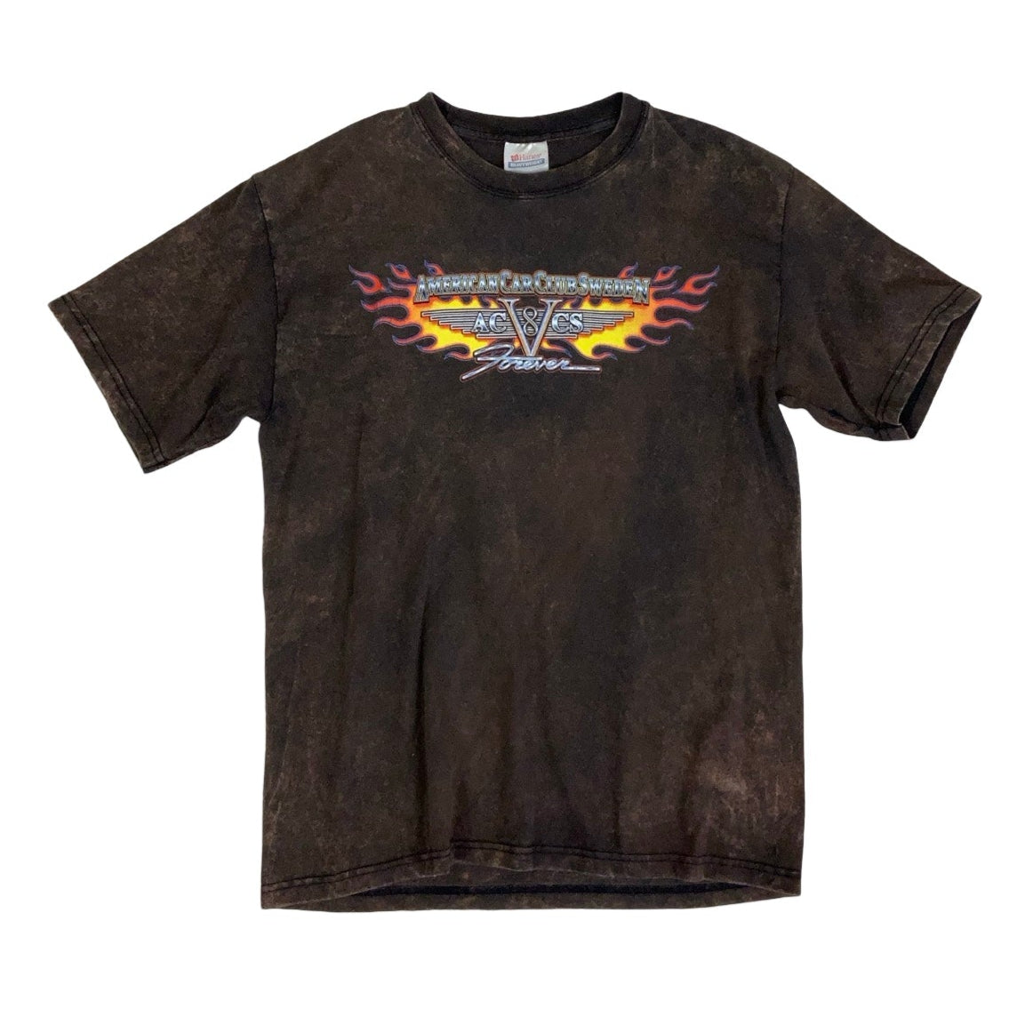 Vintage 90s 'American Car Club Sweden' Brown Acid Wash Graphic T-Shirt S