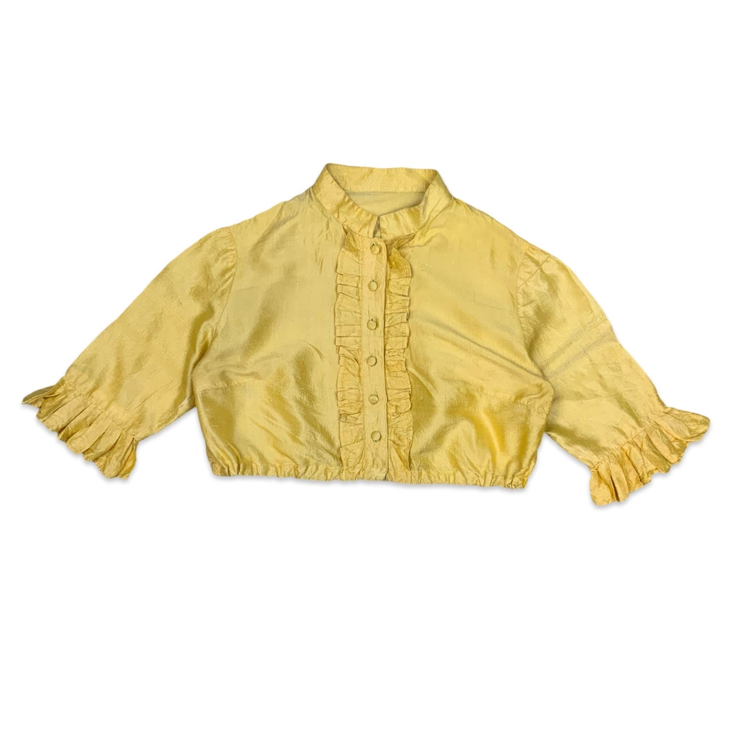 80s Yellow Button Up Crop Top with Pleats 10 12