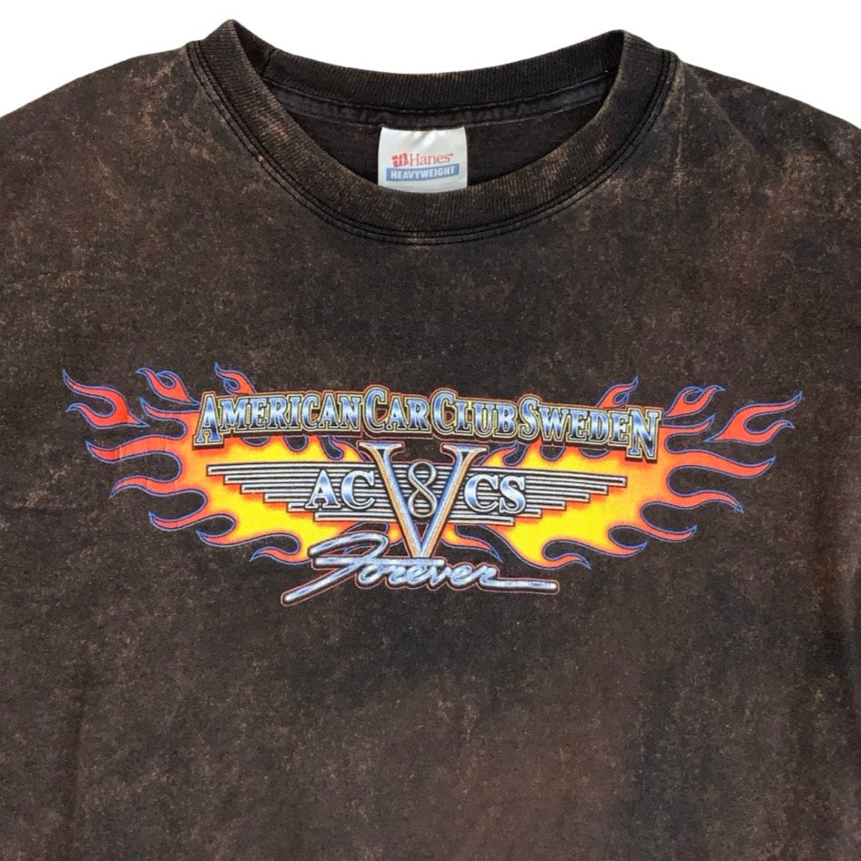 Vintage 90s 'American Car Club Sweden' Brown Acid Wash Graphic T-Shirt S