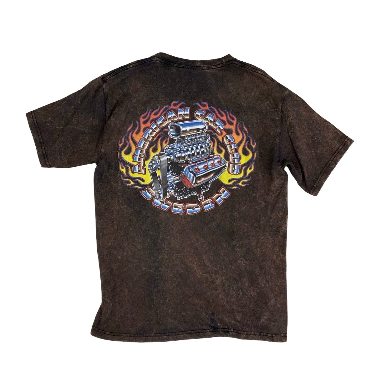 Vintage 90s 'American Car Club Sweden' Brown Acid Wash Graphic T-Shirt S