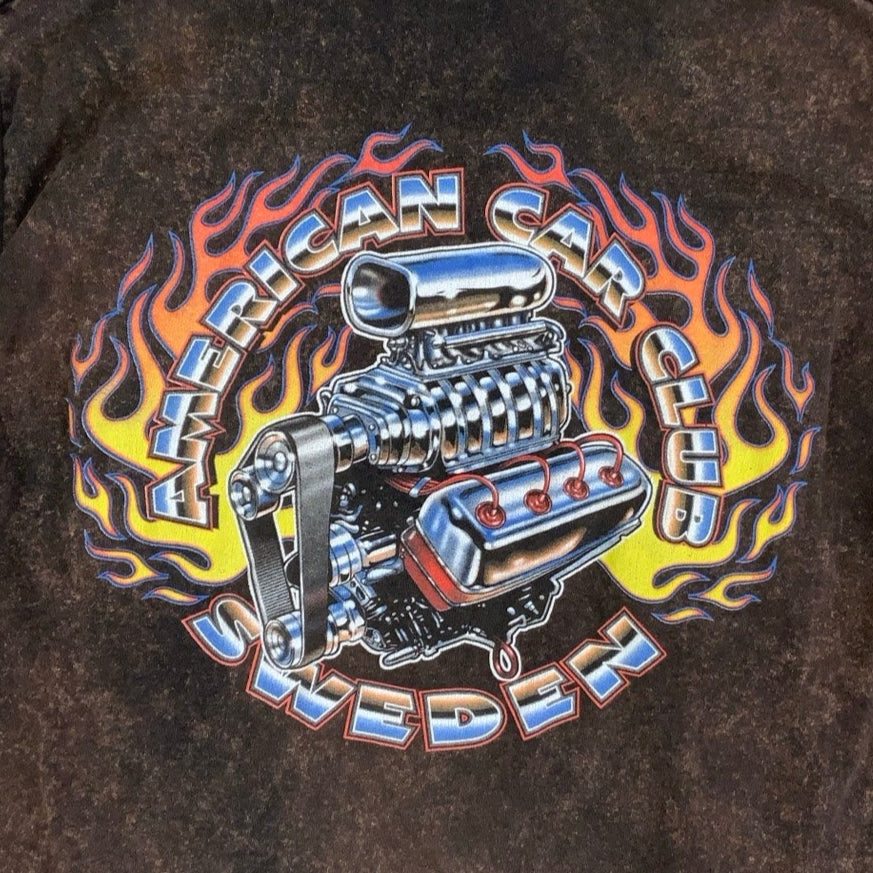Vintage 90s 'American Car Club Sweden' Brown Acid Wash Graphic T-Shirt S
