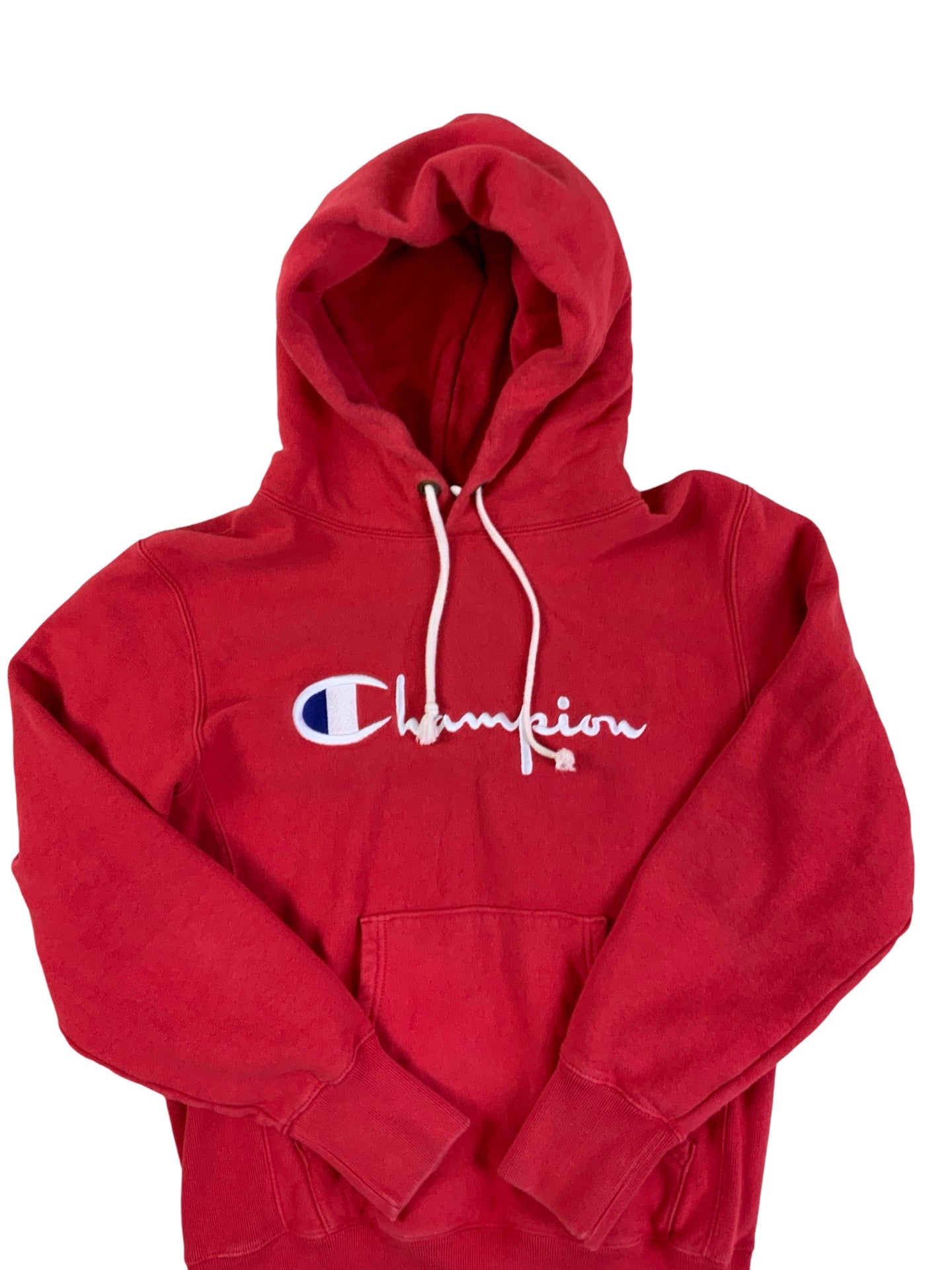 Vintage Champion Red Spell Out Logo Hoodie M L