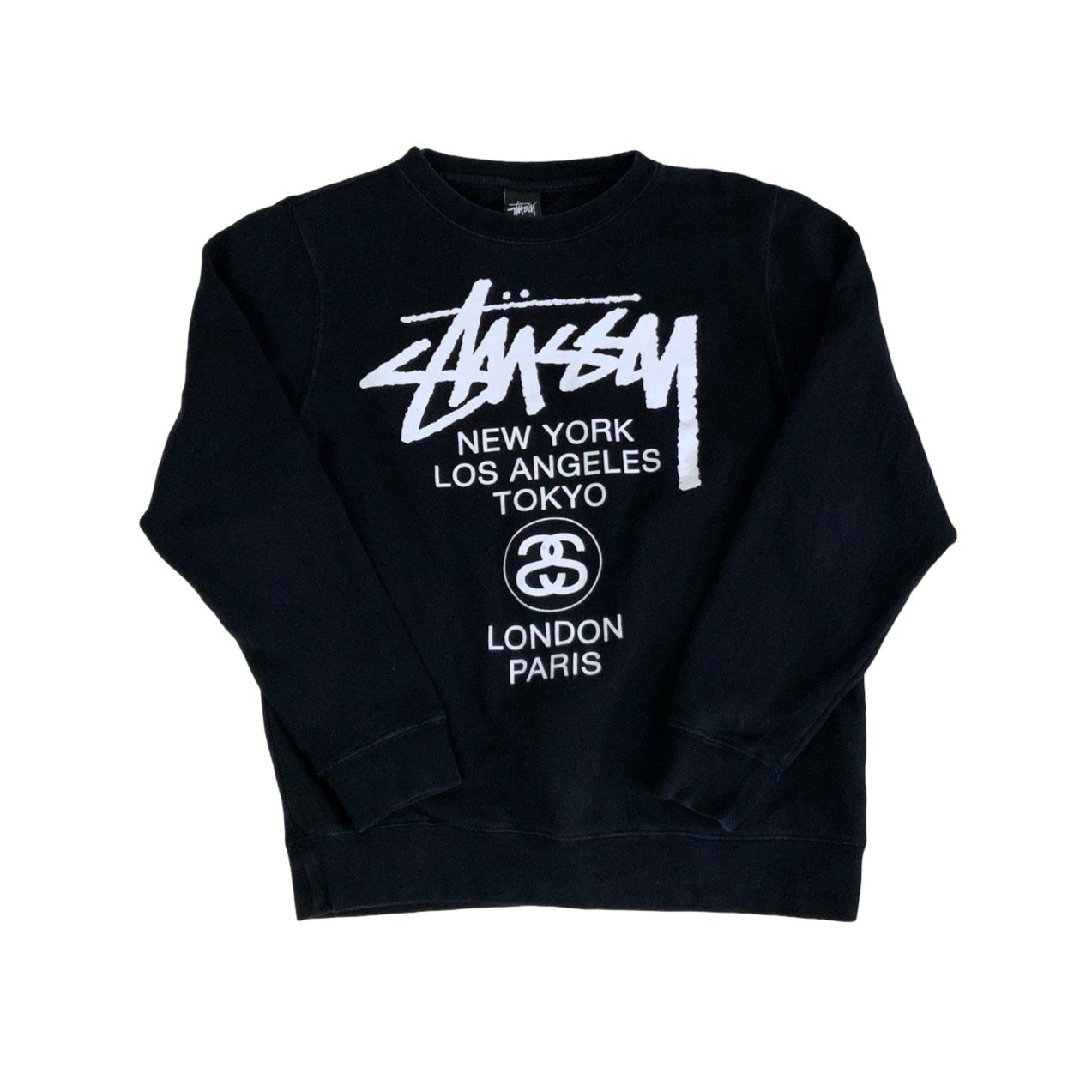Vintage y2k 'Stüssy' Black Spell-Out Long Sleeved Graphic Sweatshirt M