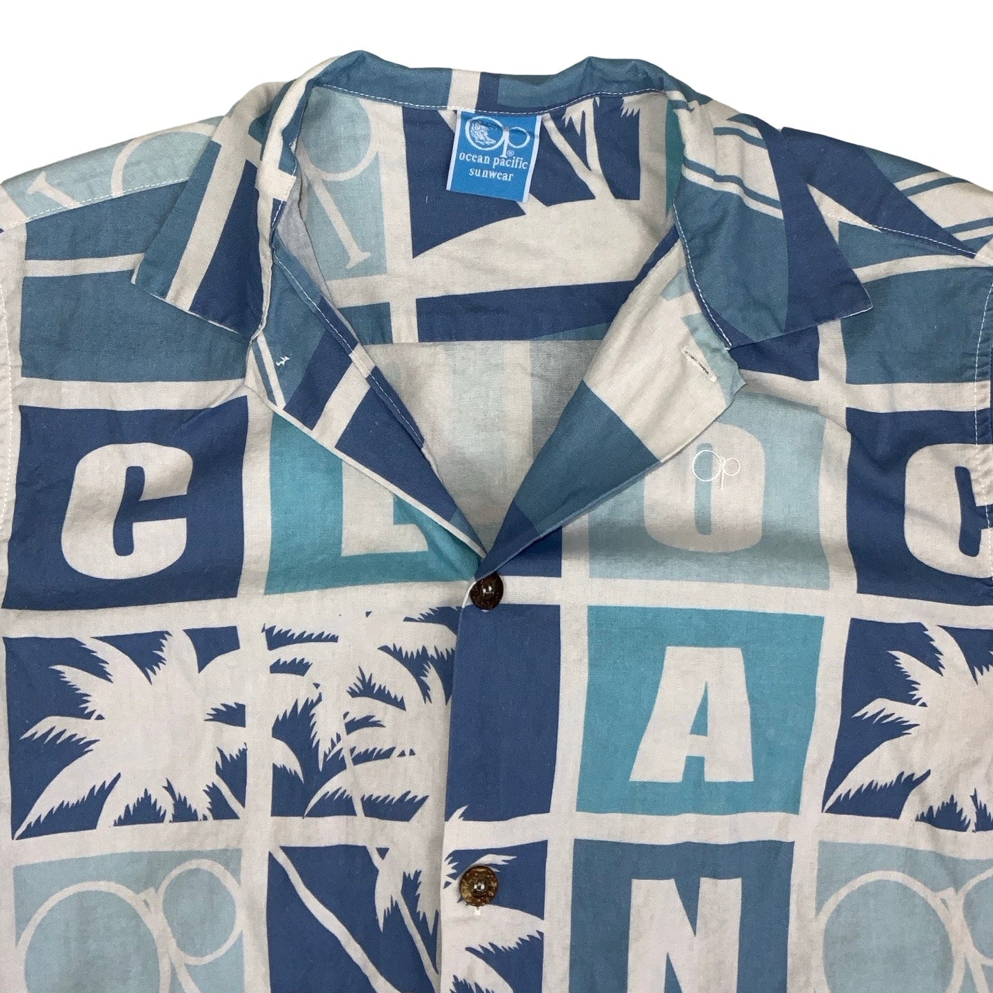 Vintage 'Ocean Pacific Sunwear' Blue Hawaiian Palm Tree Short Sleeved Shirt M L