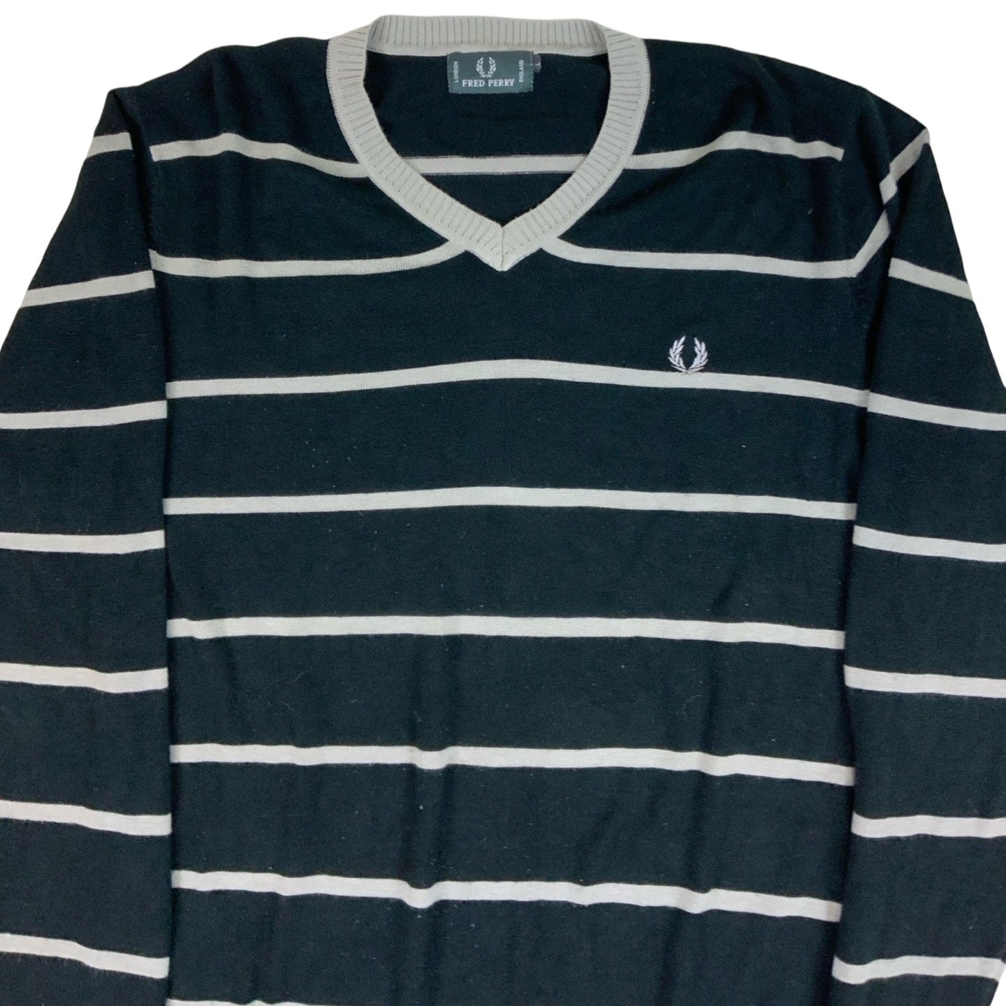 Vintage Fred Perry Striped Grey & Black V Neck Knit M L