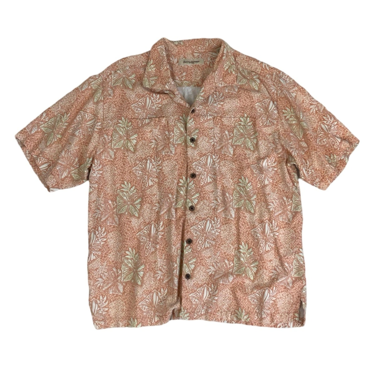 Vintage 'Tommy Bahama' Peach Pink White Hawaiian Floral Short Sleeved Shirt L XL