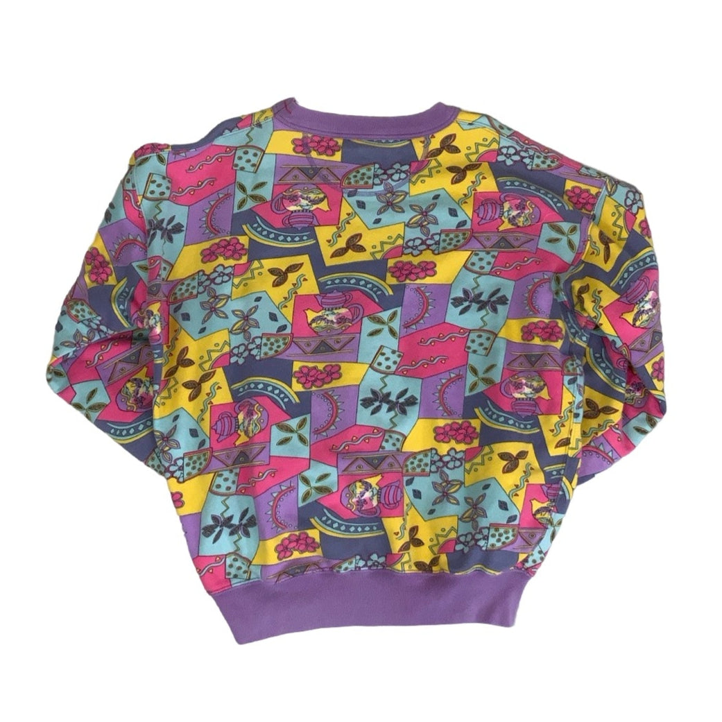 Vintage 90s 'Challenger' by 'Gianni Germani' Purple Pink Yellow Blue Geometric Patterned Graphic Sweatshirt L XL