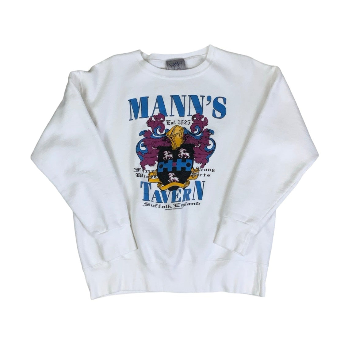 Vintage 90s 'Mann's Tavern' Suffolk, England 'Delta' White Crest Graphic Sweatshirt