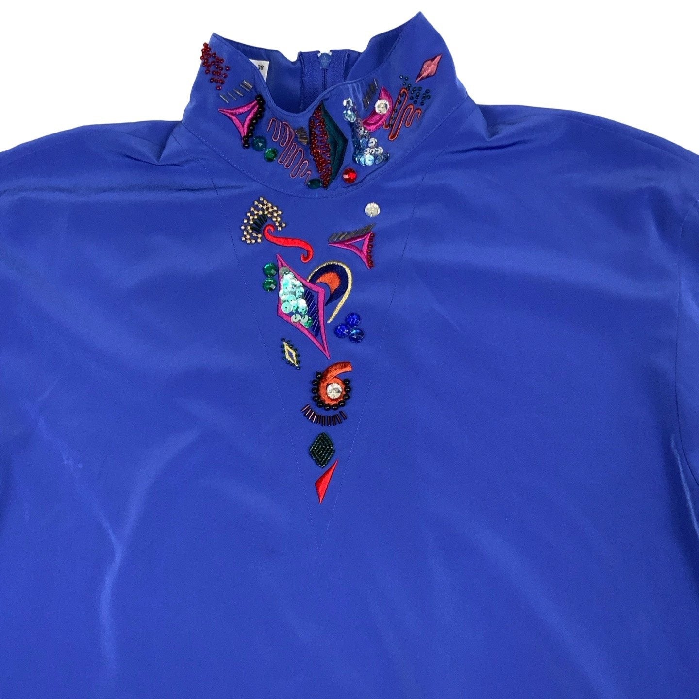 Vintage 'Yarell' Blue Geometric Pattern Beaded Blouse M 12 14