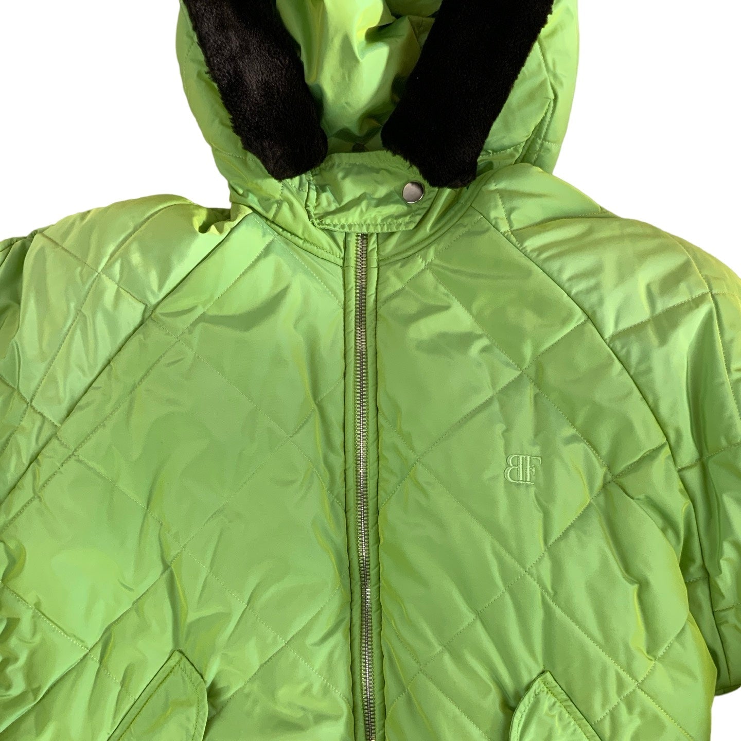 Vintage 90s Retro Green Fur Hooded Coat 12 14