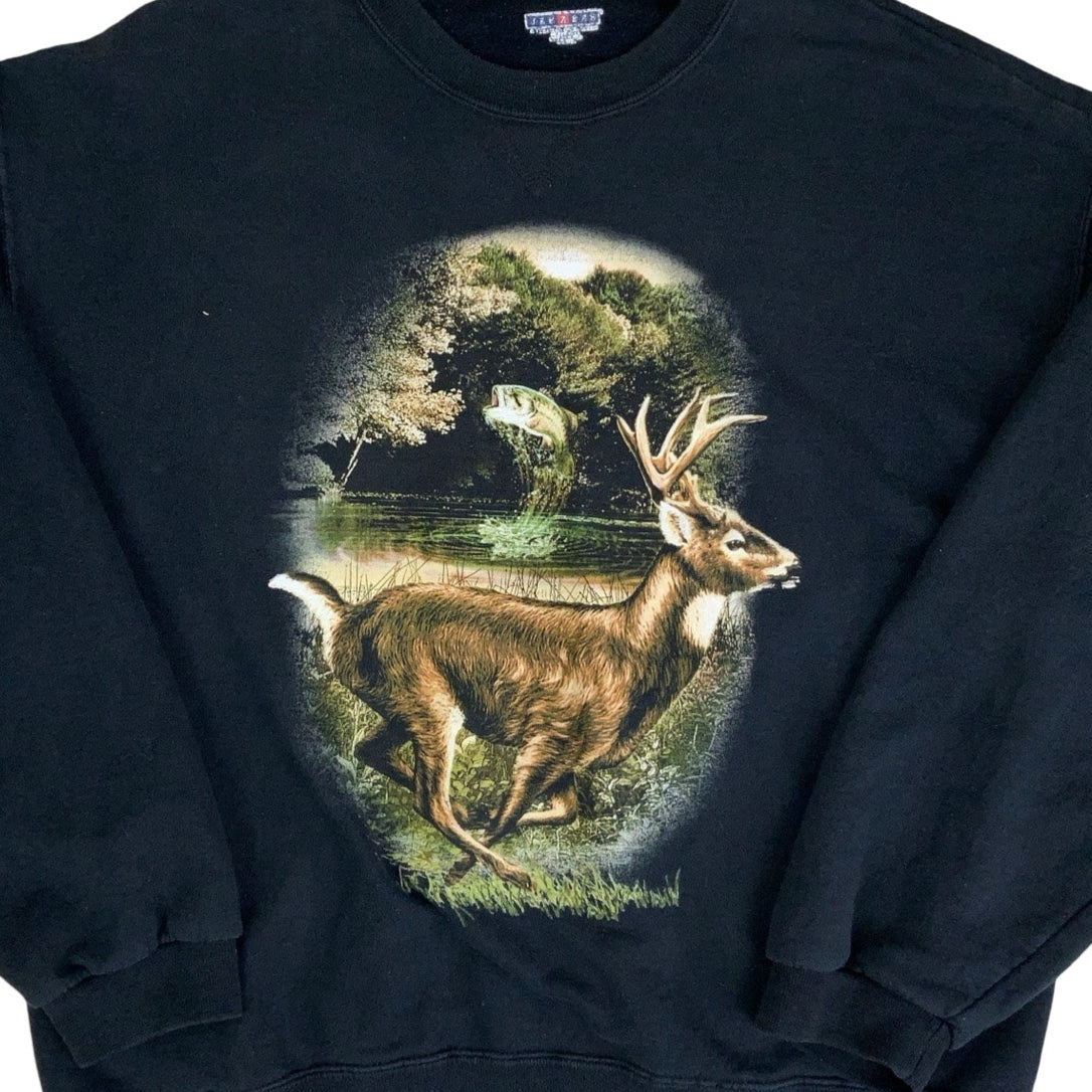 Vintage 90s Jerszees Deer Fish Graphic Crewneck Sweatshirt M L