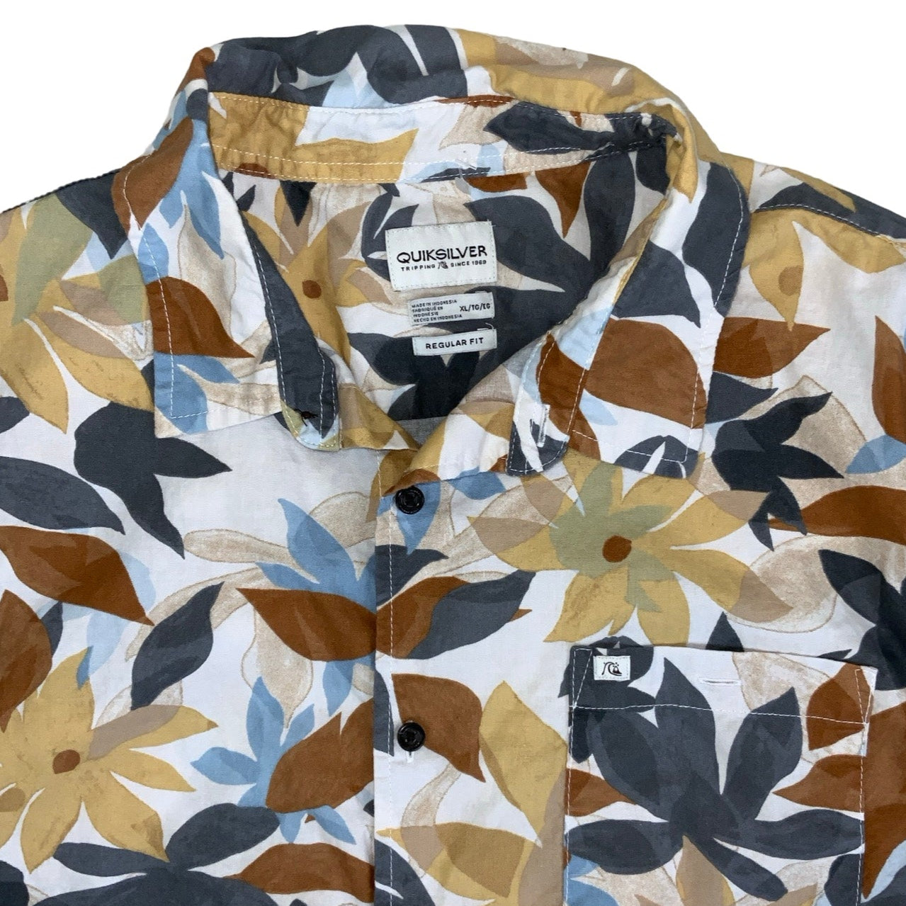 Vintage 'Quicksilver' Brown Blue Yellow White Hawaiian Floral Short Sleeved Surf Shirt L XL