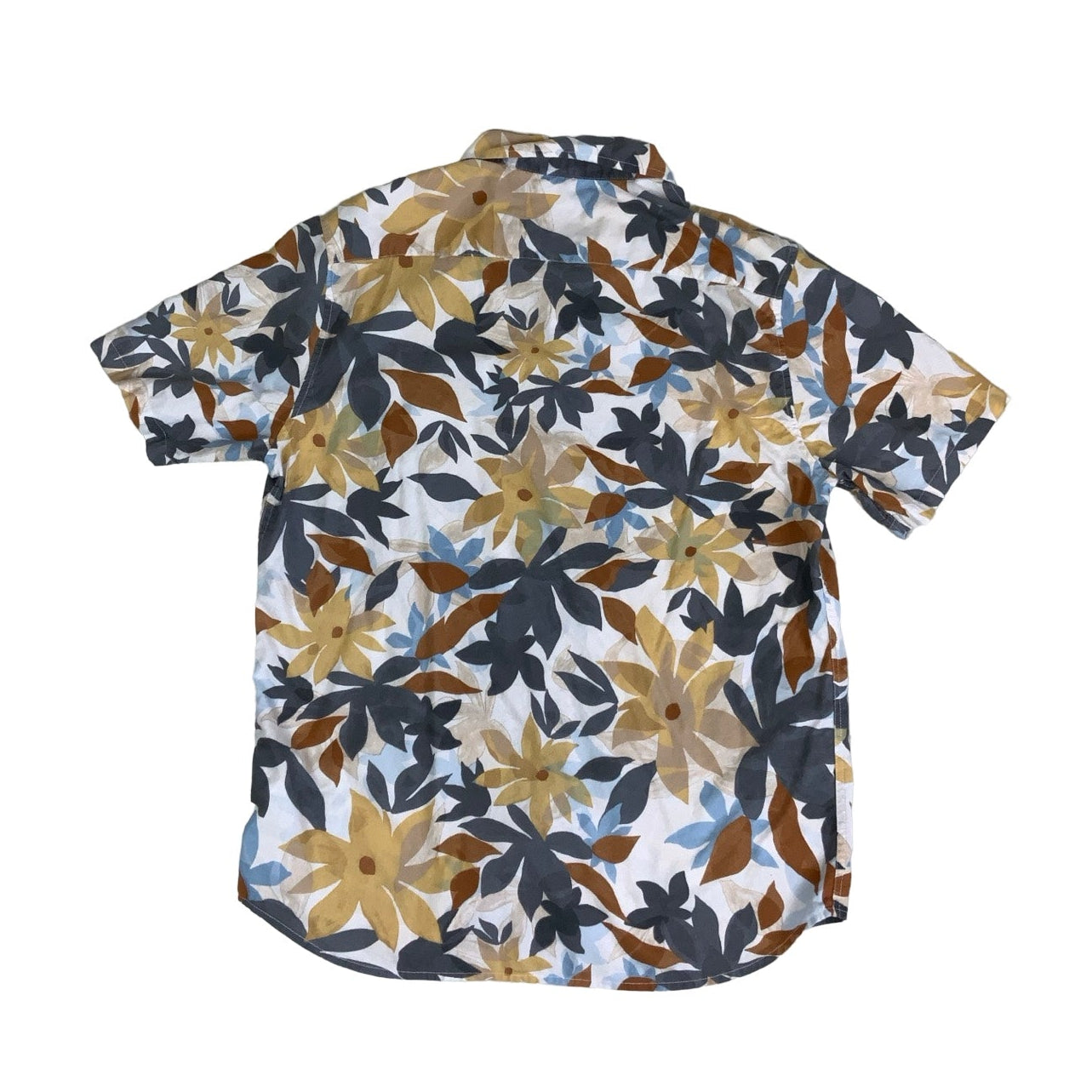 Vintage 'Quicksilver' Brown Blue Yellow White Hawaiian Floral Short Sleeved Surf Shirt L XL
