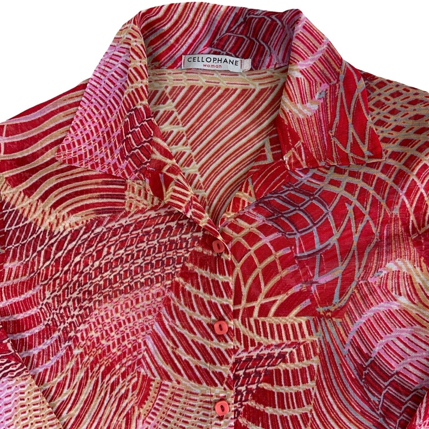90s Y2K Cellophane Sheer Red Vortex Swirl Pattern Blouse Top S 12